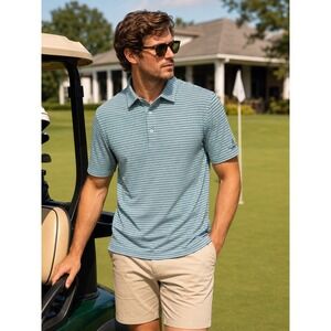 Fennec Performance Polo Shirt Striped Green Blue Mens Medium Golf Top